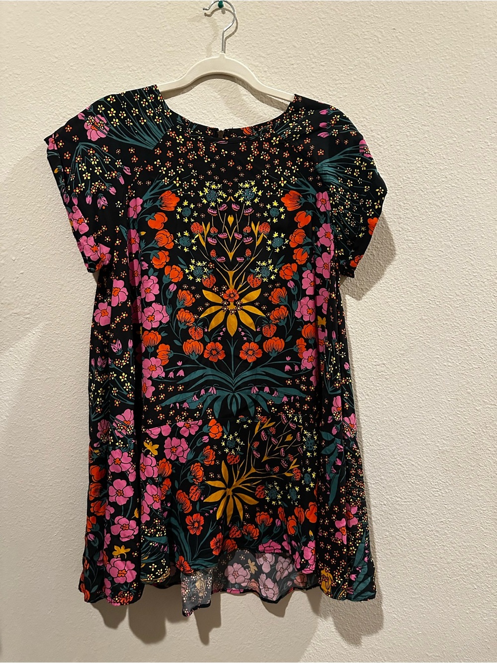 Free People Black Floral Top with Orange, Yellow & Teal Accents / small
